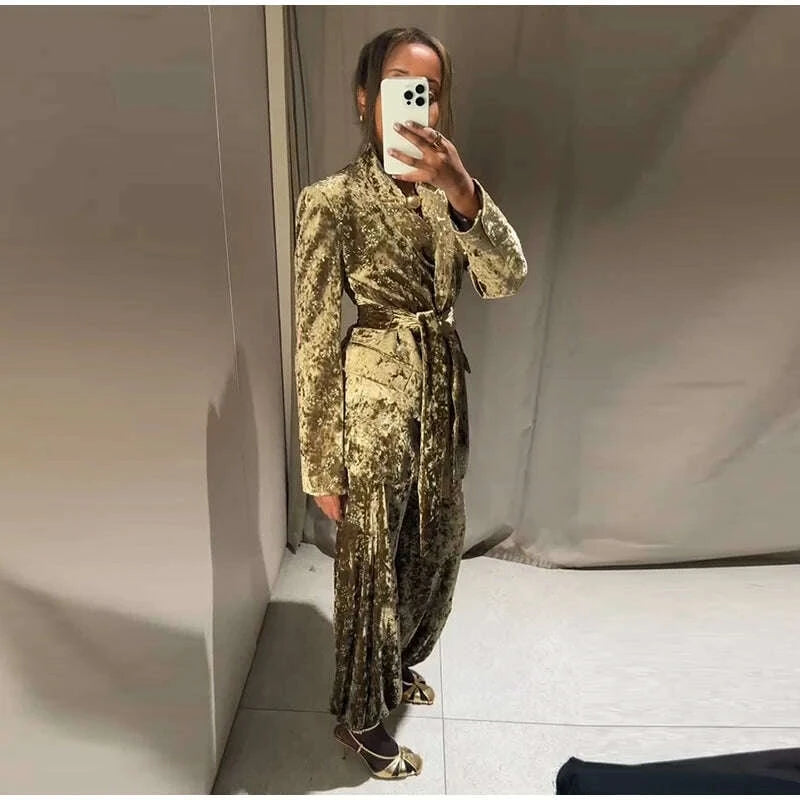 KIMLUD, Fashion Velvet Print Lapel Belt Suit Pant Set Women Solid Lace Up Full Sleeve Blazer Wide Leg Cuffed Pants 2025 Autumn Lady Sets, KIMLUD Womens Clothes