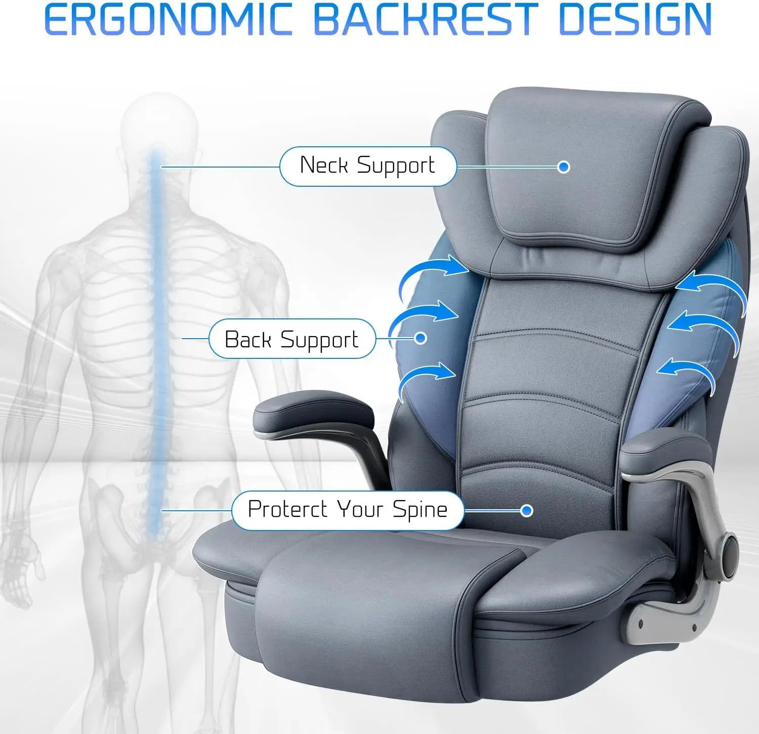 Office Chair 400lb Wide Seat, Ergonomic High Back Leather Executive Desk Chair with Flip-up Arms, Gray/Blue