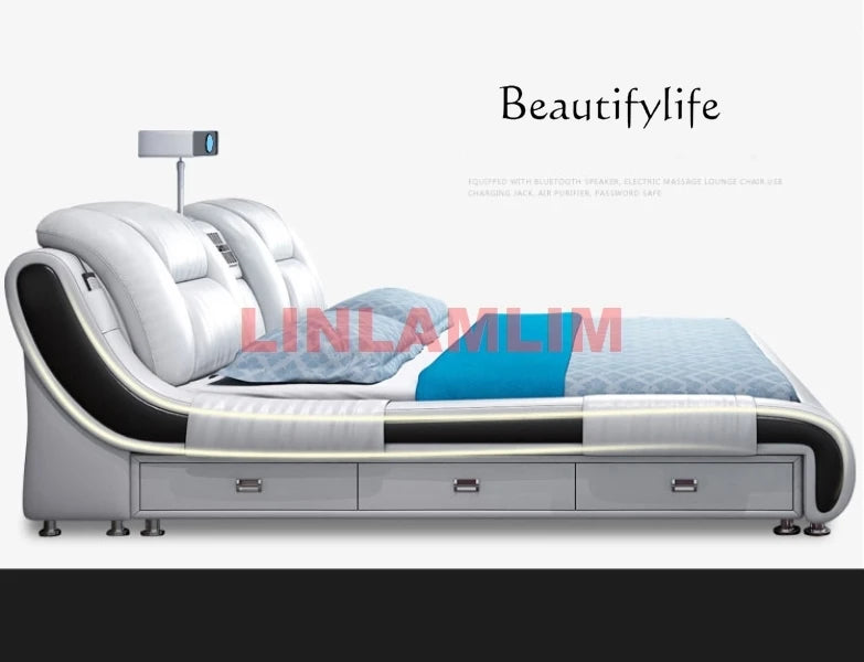 Genuine Leather Bed With Built-In Massage Bluetooth Speaker Air Cleaner Projector And Drawers — White | KIMLUD