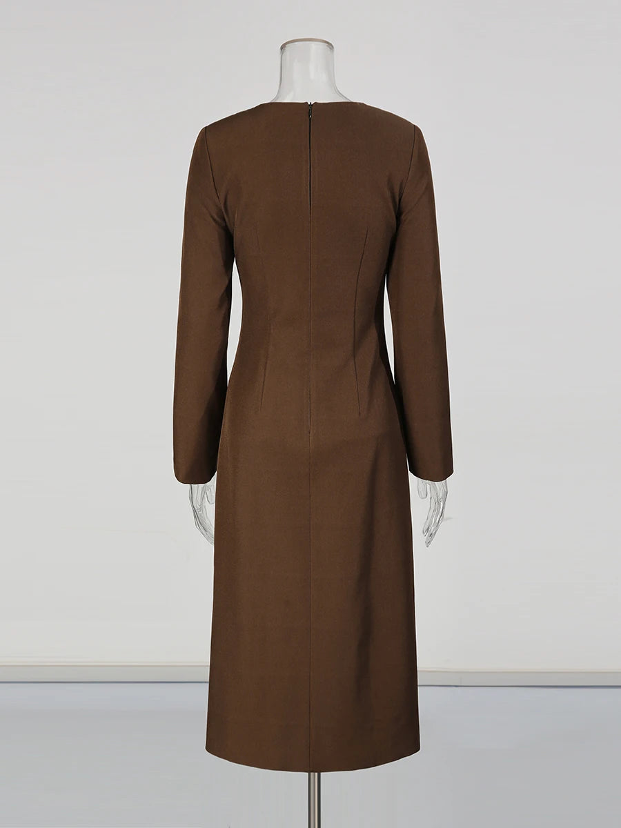 KIMLUD, TWOTWINSTYLE Solid Slimming Spliced Breasted Fashion Dresses for Women Round Neck Long Sleeves High Waist Dress Female Clothing, KIMLUD Womens Clothes