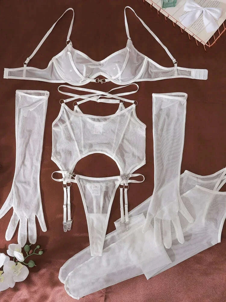KIMLUD, Women Transparent Bra Set Hot Erotic Sexy Costumes Solid Color Underwear Seamless Bra Thong Garters Sexy Lingerie Sets, KIMLUD Womens Clothes