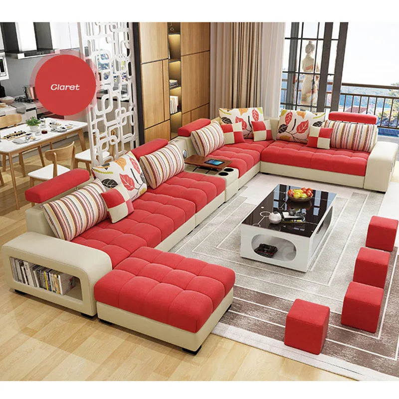 Wooden L-Shaped Sofa Set Light Luxury With Tufted Cushions And Integrated Arm Shelf — Ivory | KIMLUD