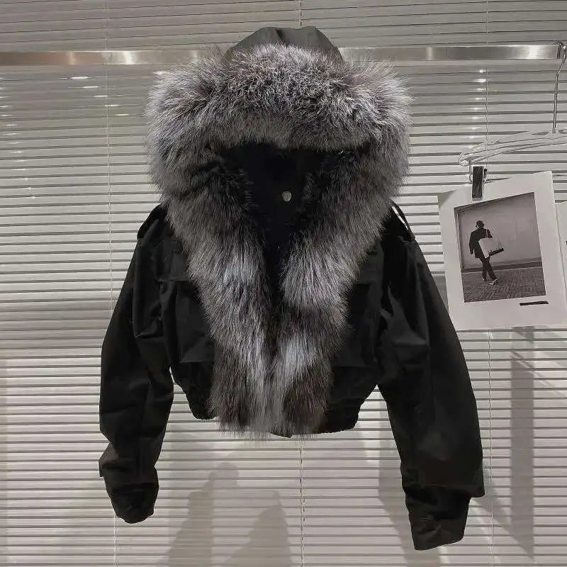 DEAT 2023 Balck Winter Women New Fur Collar Liner Real Rabbit Hair Multi Pocket Short Jacket Cotton Hooded Casual Coat RC235