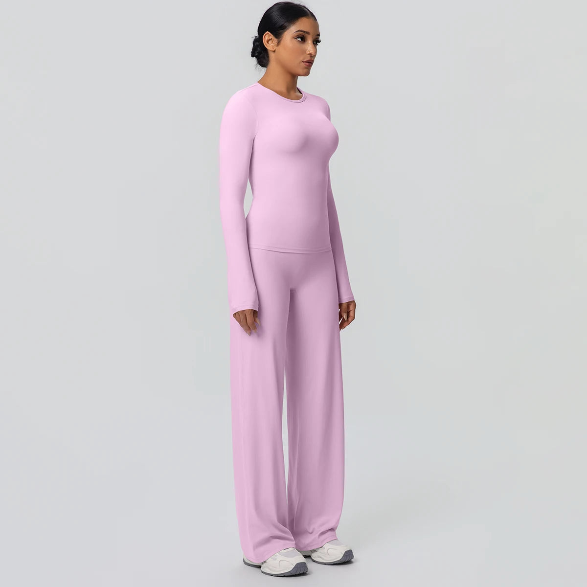 Yoga Set – Slim Long Sleeve Top and Wide Leg Pants – Nylon Elastane | KIMLUD