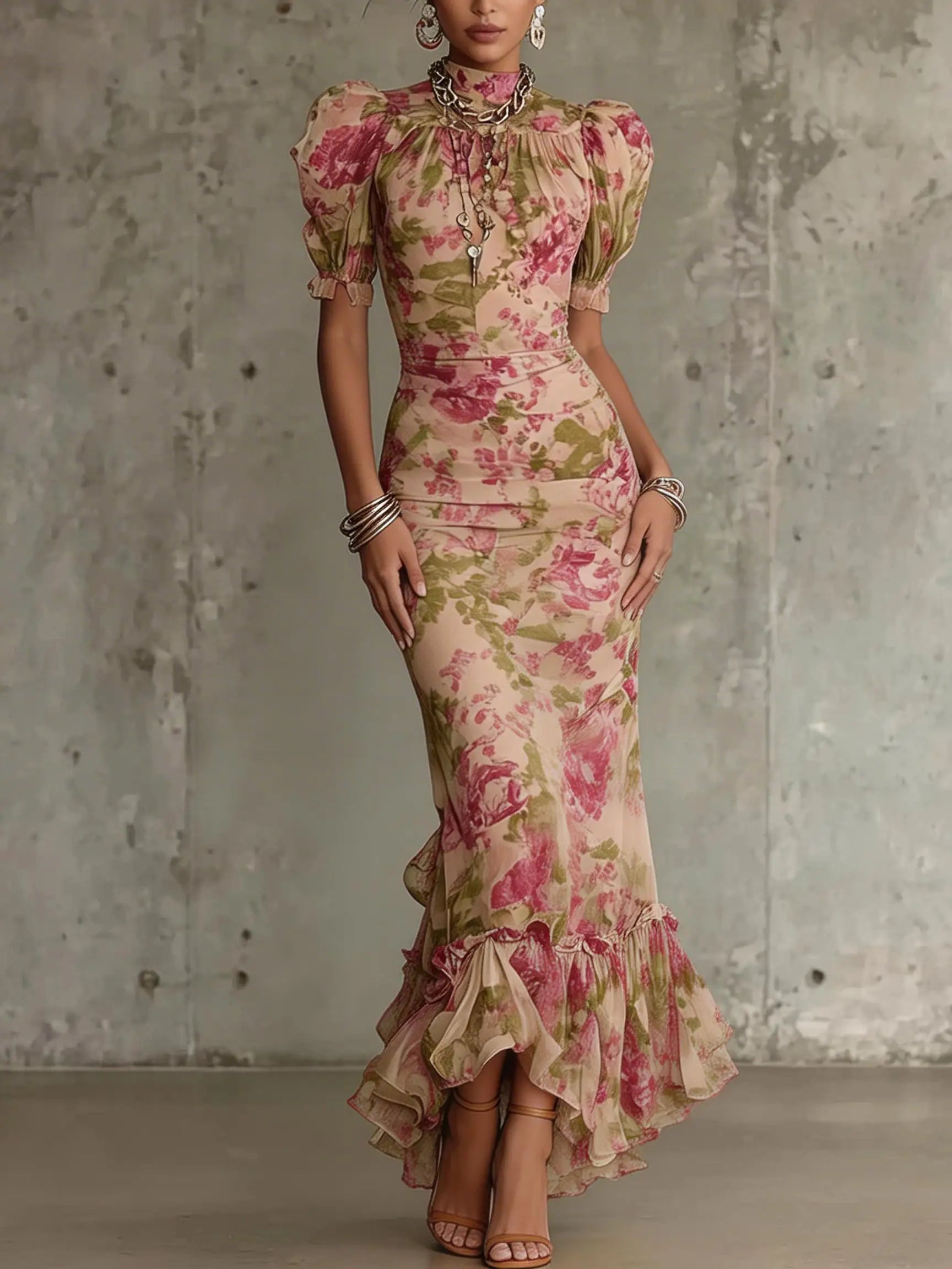 A-Line Floral Polyester Dress Maxi — Beige | KIMLUD