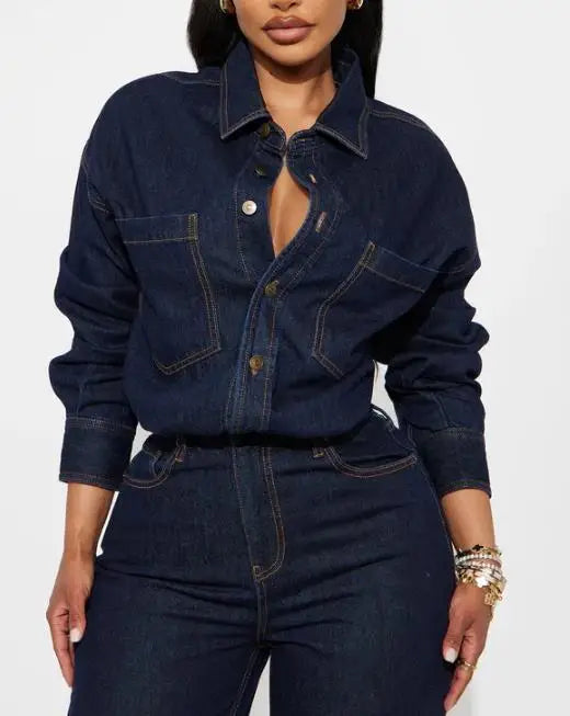 Denim Jumpsuit High Waist Pocket Turn-Down Collar — Deep Indigo | KIMLUD