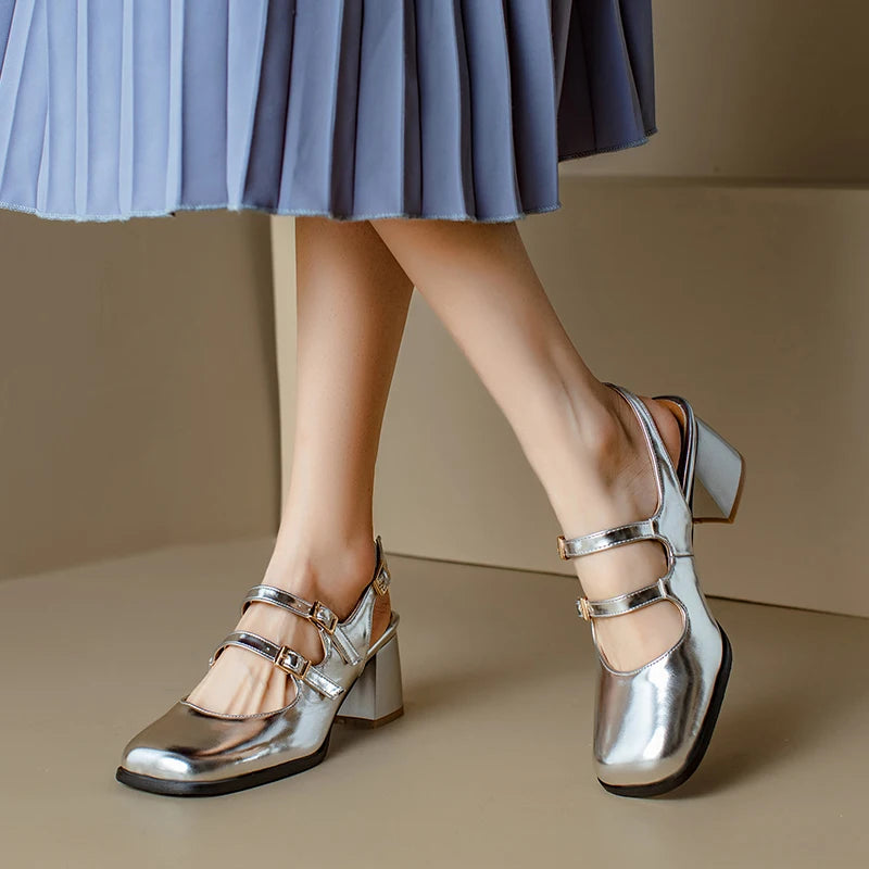 Patent Leather Chunky Mary Jane Pumps Slingback — Black-Silver | KIMLUD