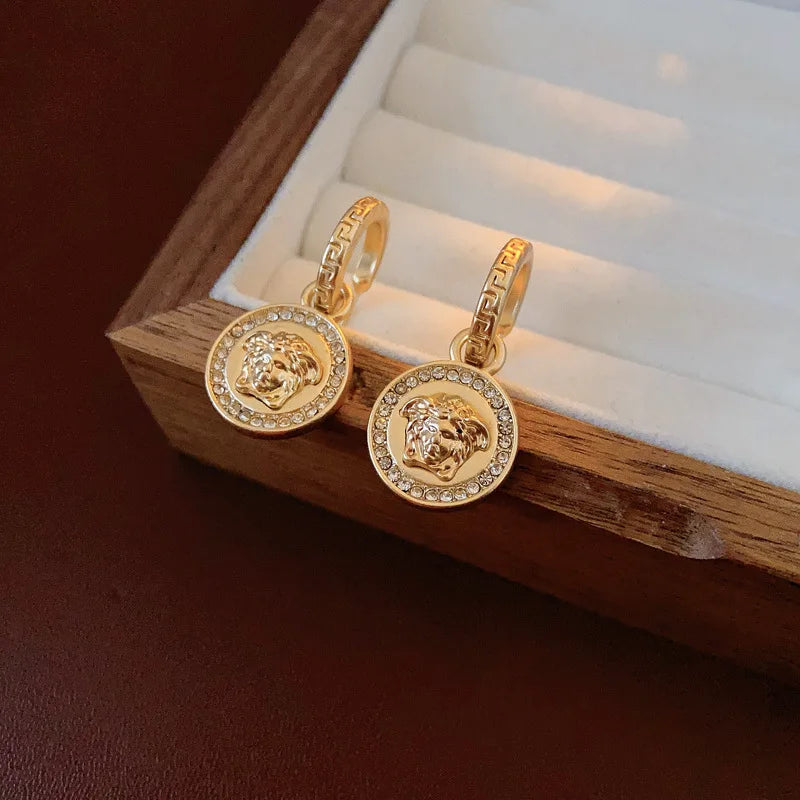 Resin Zinc Alloy Medusa Round Pendant Earrings — Gold | KIMLUD