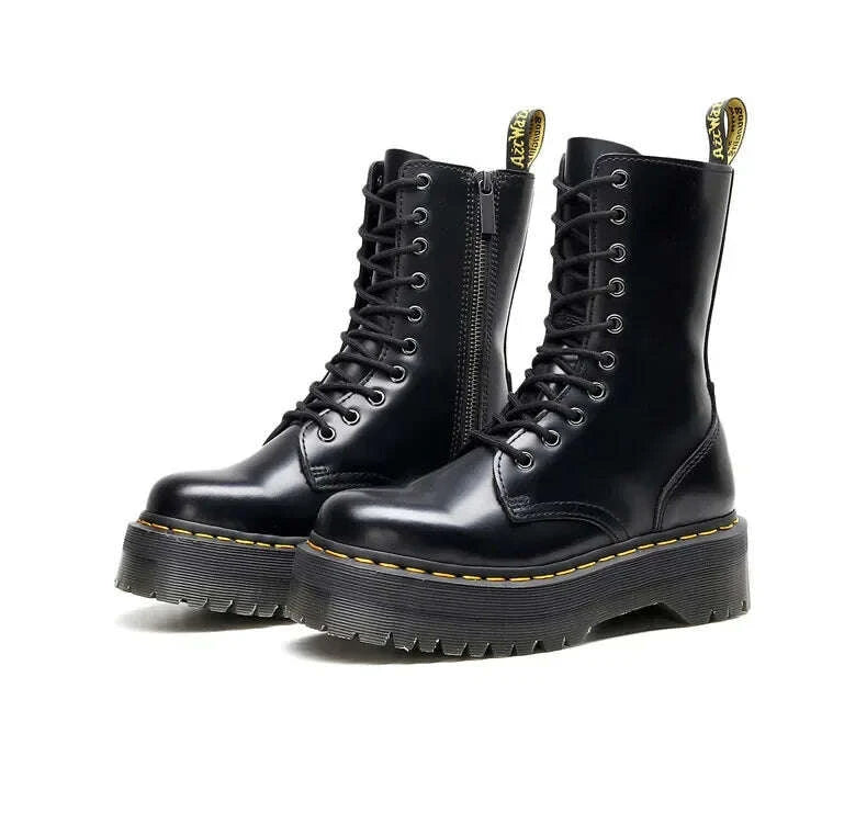 KIMLUD, Women's Motorcycle Boots 10 Holes Thick Bottom Side Zipper British Style Long Booties Flatform Work Boots round Toe Mid Heel, KIMLUD Womens Clothes