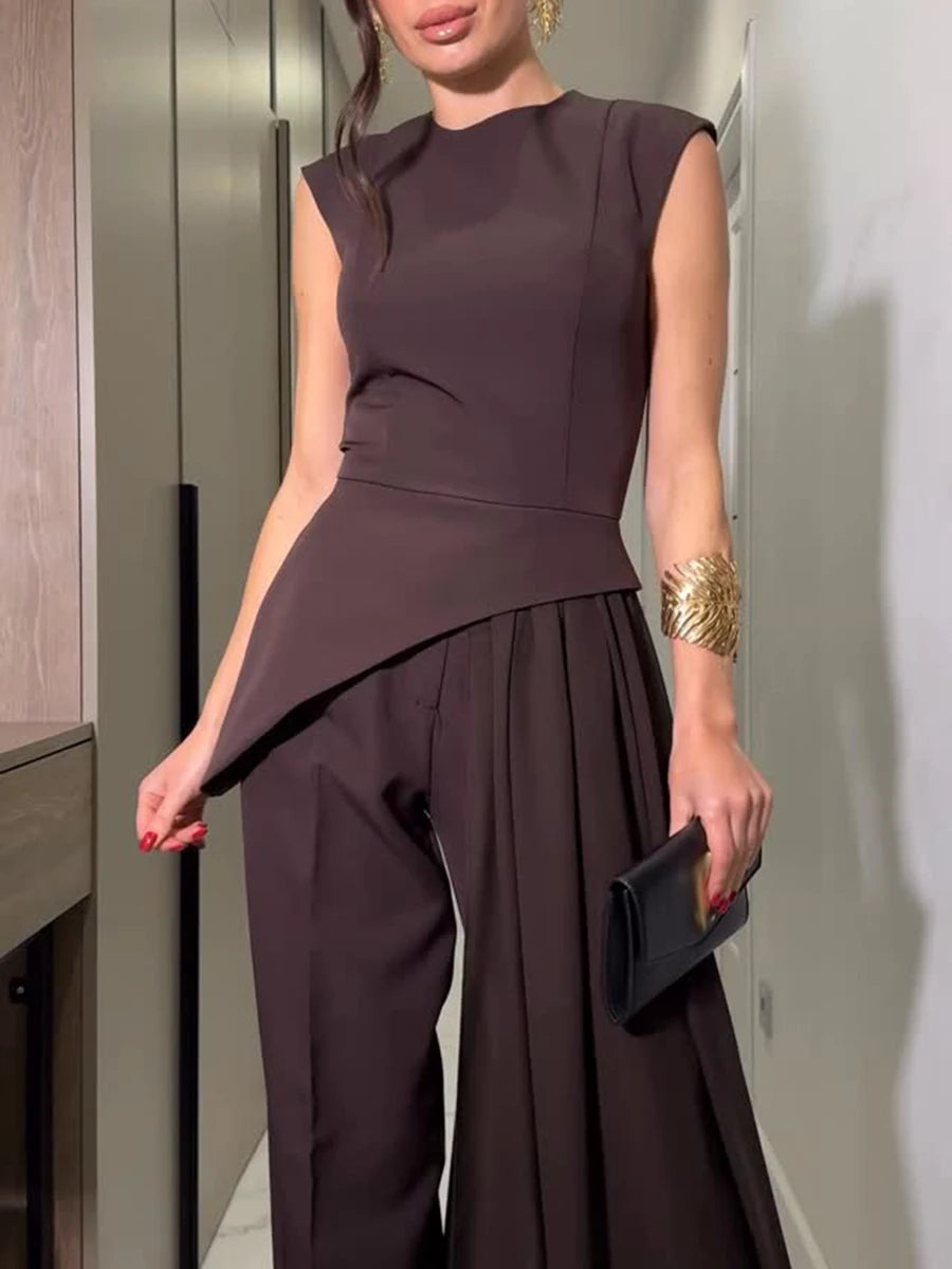 TWOTWINSTYLE Solid Slimming Spliced Folds Irregular Blouses for Women Round Neck Sleevelless High Waist Long Blouse Female New