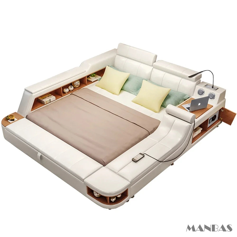 MINGDIBAO Modern Multifunctional Tech Smart Bed with Storage, USB, Speakers – King Genuine Leather Bed - Ultimate Massage Bed
