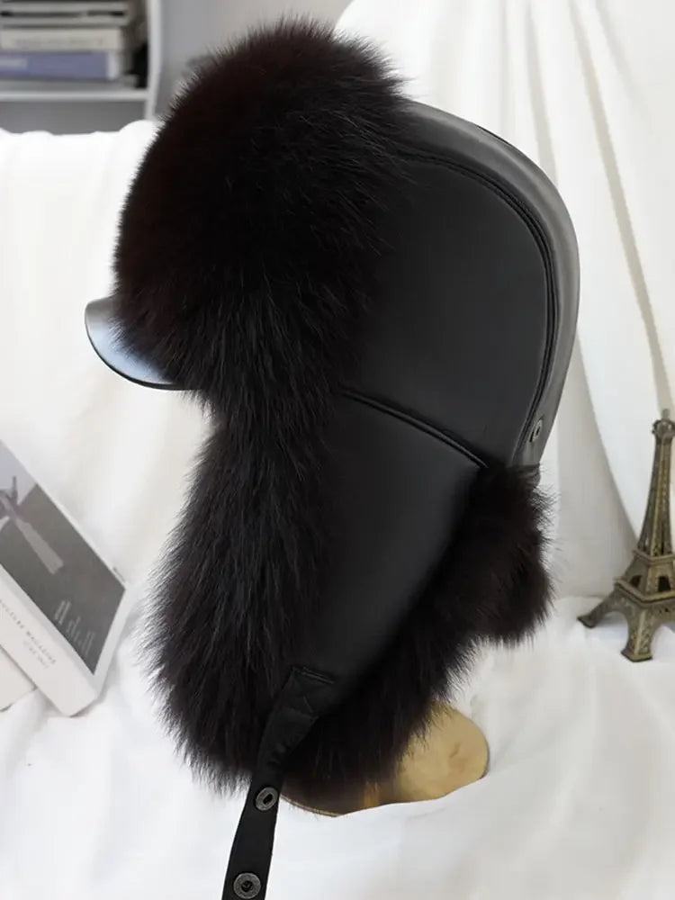 Real Silver Fox Fur Bomber Hat Leather Top — Silver | KIMLUD