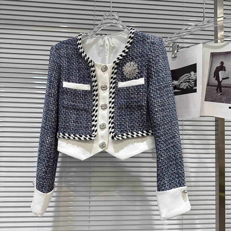 KIMLUD, DEAT 2025 Autumn New Fashion Rhinestone Pin Contrast Color Tweed Short Jacket For Women Pocket Short Skirt Female 11A06364, KIMLUD Womens Clothes