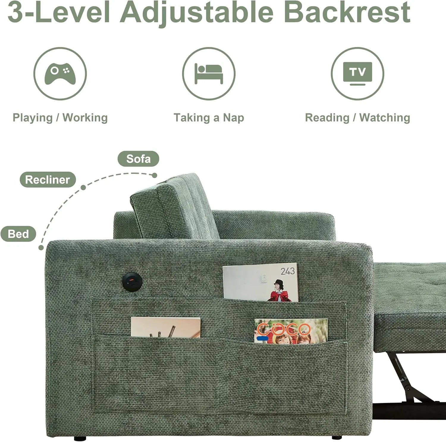 57.48' Convertible Sofa Bed with Cup Holder, Pull Out Sleeper Sofa Bed with USB Charging Ports
