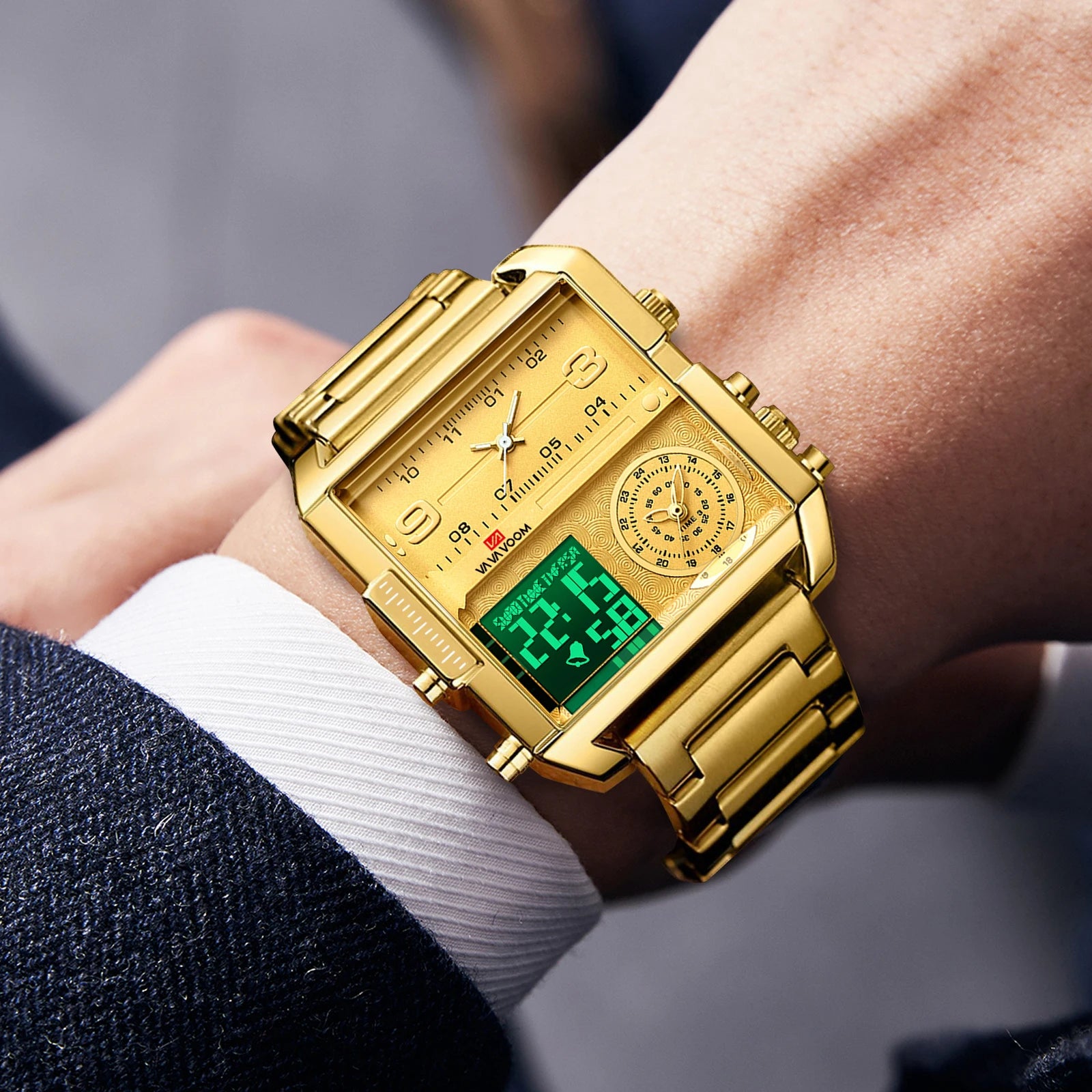 2025 New Men LED Watch Fashion Square Creative Quartz Movement Black Stainless Steel Waterproof Timing Electronic Watch for Men