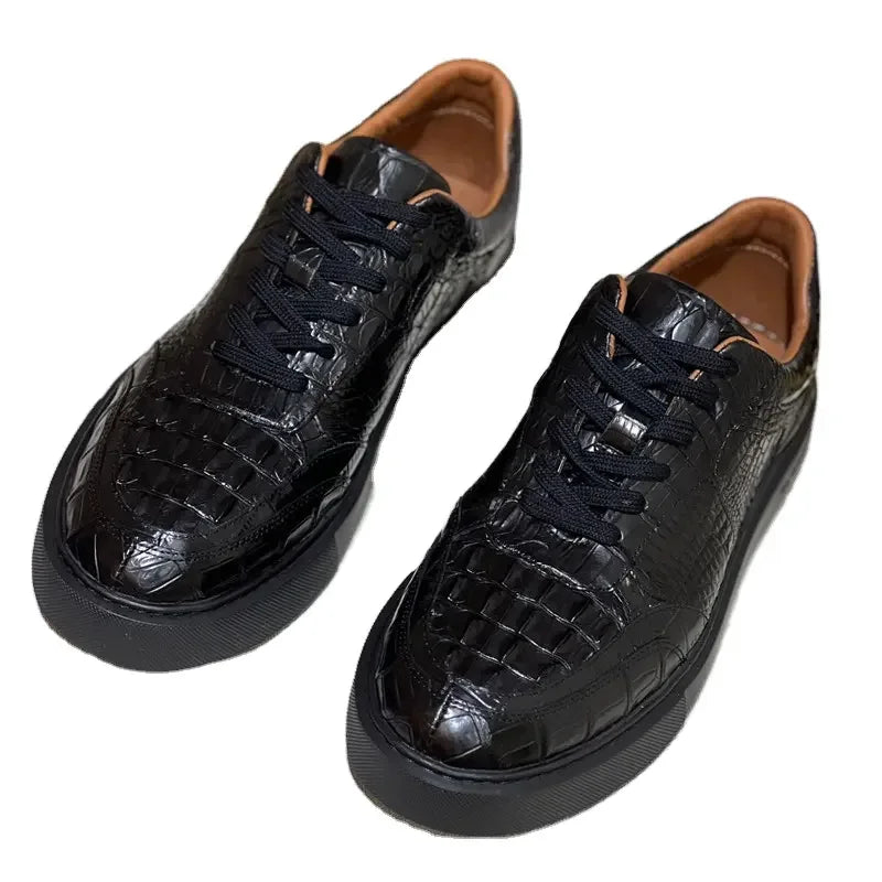 Authentic Crocodile Skin Clear Black Male Casual Platform Board Shoes Genuine Real Alligator Leather Men's Lace-up Walk Sneakers