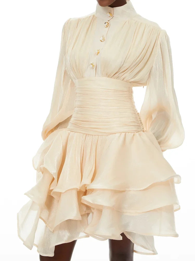 Puff-Sleeve Ruched Dresses Polyester — Black | KIMLUD