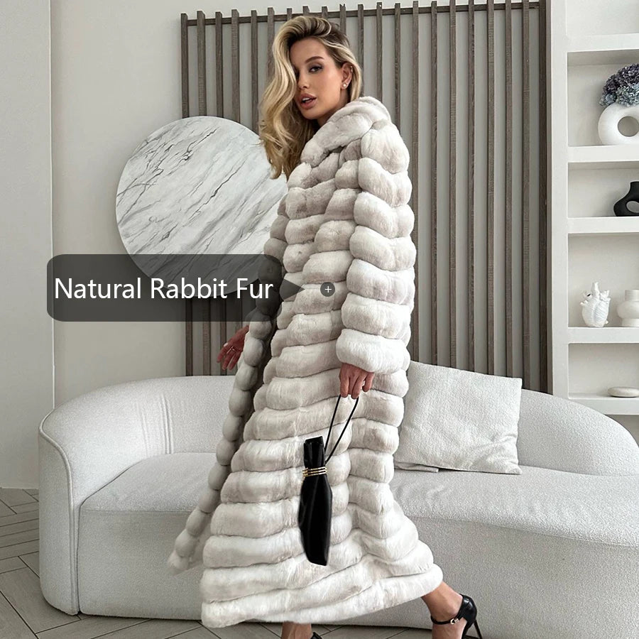 New Natural Rabbit Fur Coats Women Long Real Rex Rabbit Fur Jacket Winter Warm Fur Coat Best Selling Women