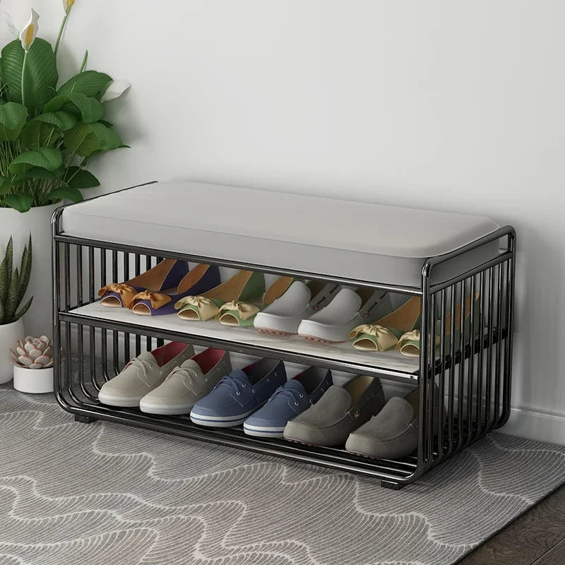 Fabric Shoe Stool Nordic Minimalist With Storage Brushed Gold Accents — Emerald Green | KIMLUD