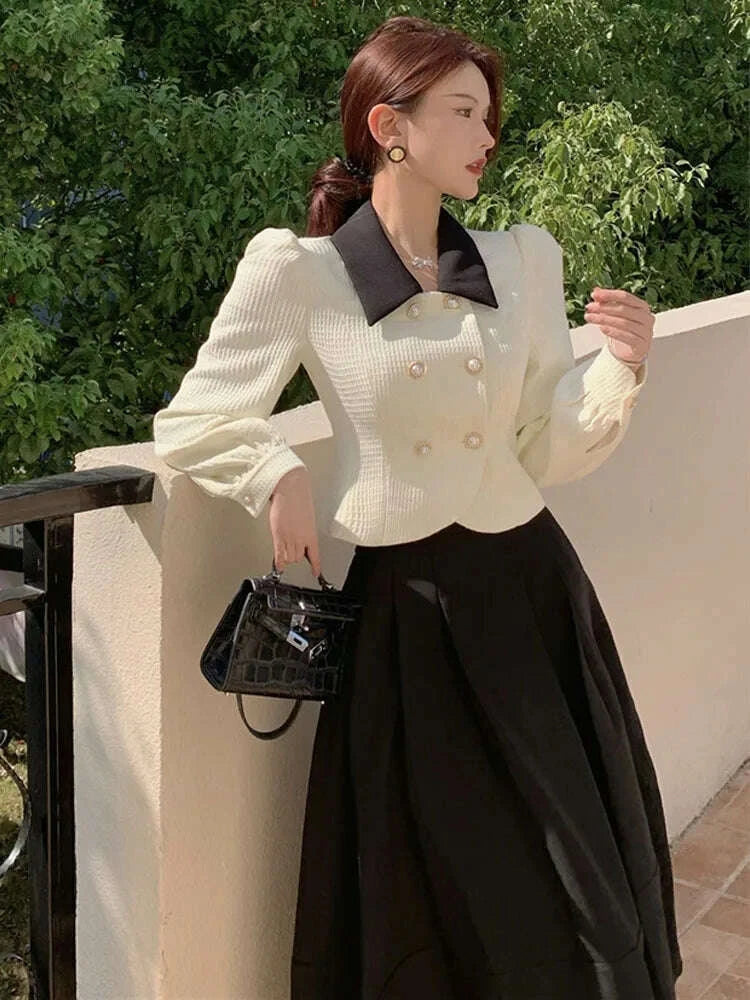 KIMLUD, 2023 Spring Elegant Two Piece Set Women Casual Slim Korean Coat + Black Pleated Gothic Vintage Midi Skirt Office Lady Skirt Srts, KIMLUD Womens Clothes