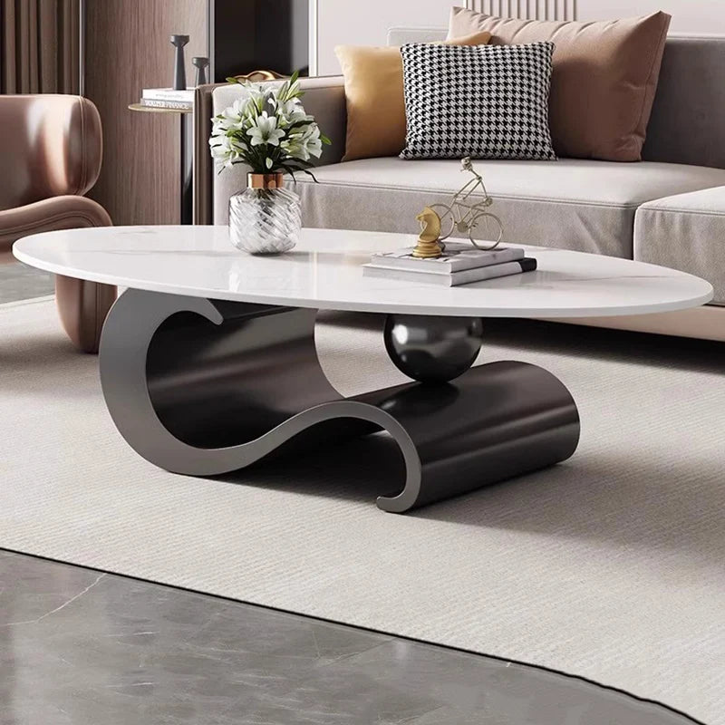 Rock Slab Coffee Table Sculptural Bronze-Toned Wooden Base — Ivory | KIMLUD