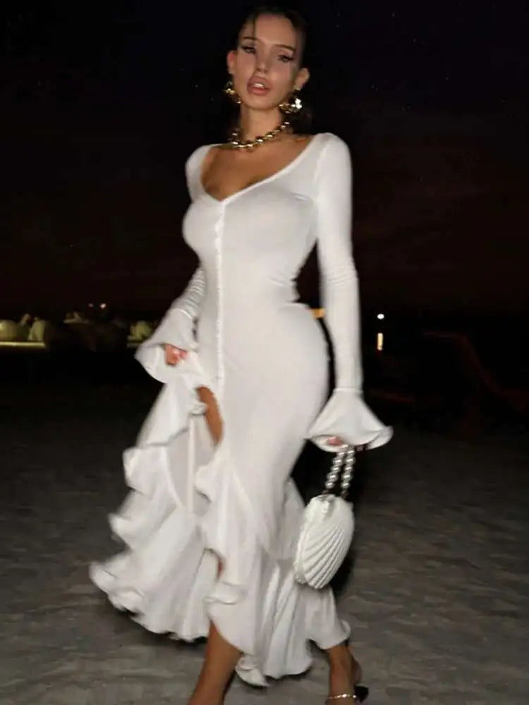 Mozision Flare Long Sleeve Ruffle Sexy Maxi Dress Women Autumn Pink V Neck Single-breasted High Waist Club Long Dresses Female
