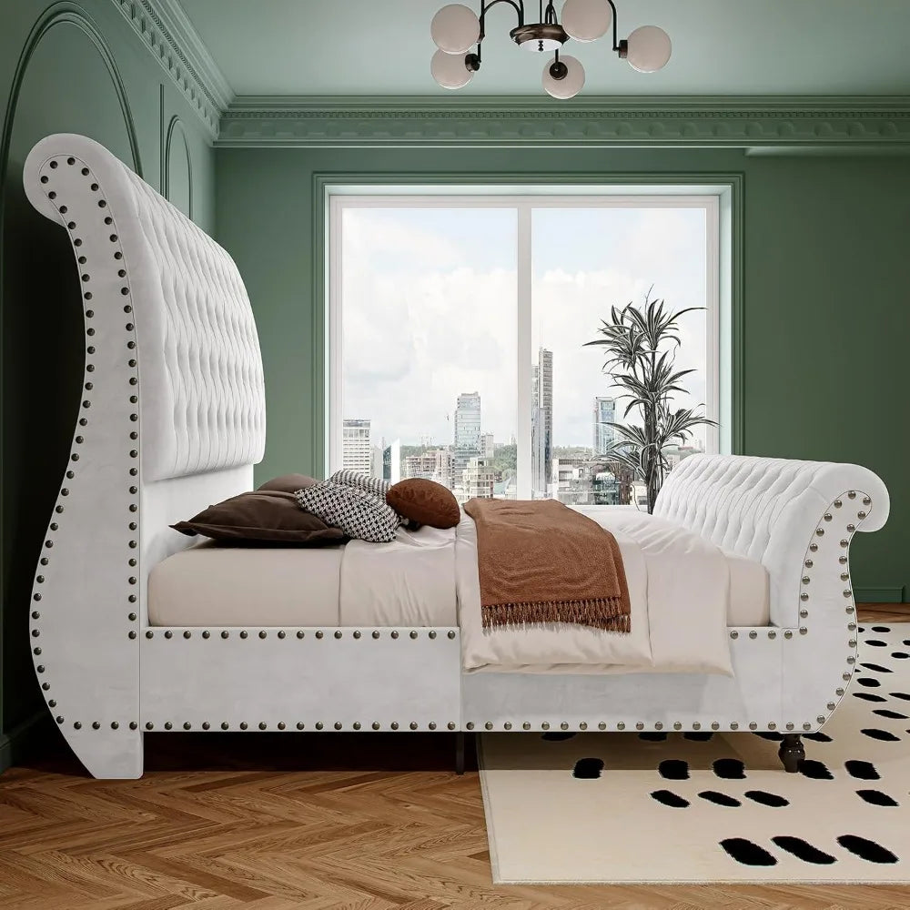 Velvet Upholstered Sleigh Bed Frame — White | KIMLUD