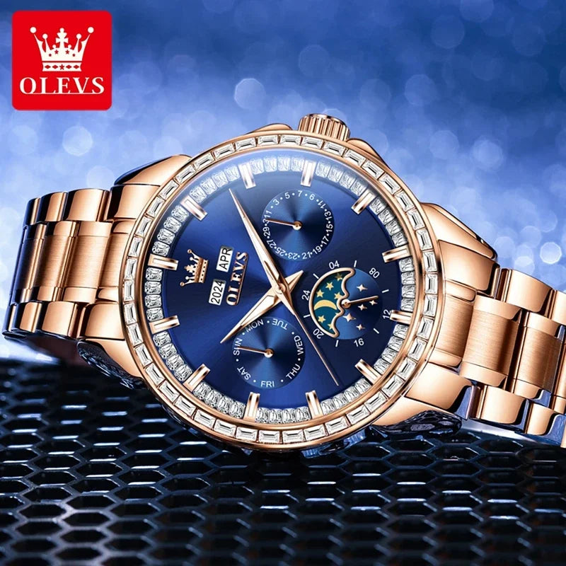OLEVS 6695 NEW Men's Watches Full Multifunctional Dial Blue Leather Strap Calendar Week Moon Phase Waterproof Wristwatch