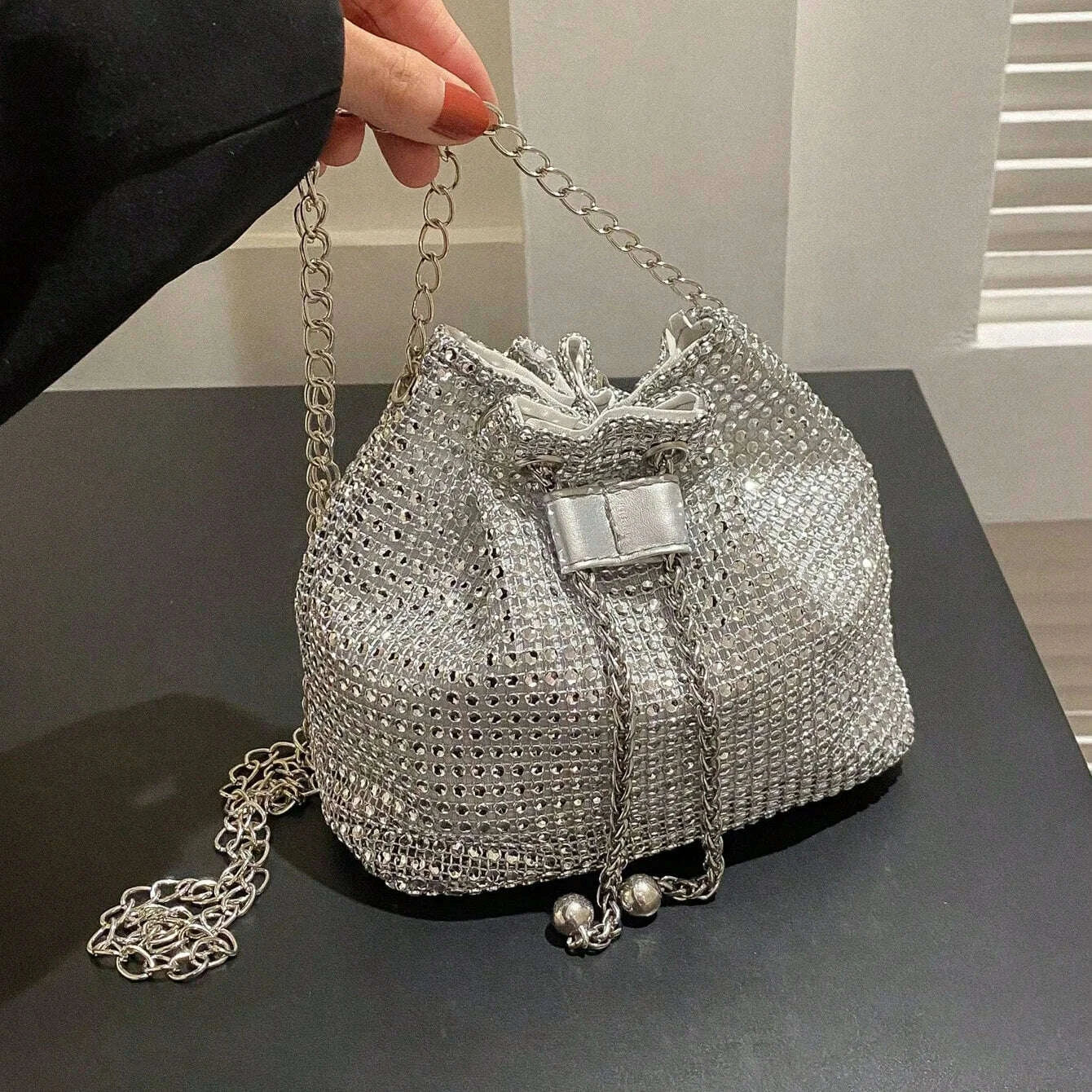 KIMLUD, Sparkling Rhinestone Embellished Drawstring Crossbody Bag, Multi-Functional Bucket Purse, Formal Handbag for Women Daily Commute, KIMLUD Womens Clothes
