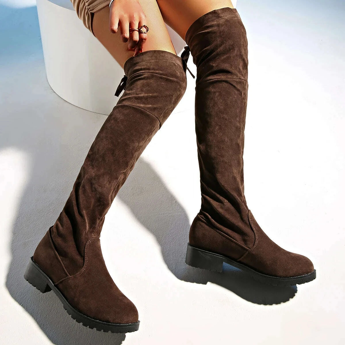 KIMLUD, 2024 New Women Boots Winter brown Over The Knee Boots Comfort Lace Up Chunky High Heels Shoes Fashion Warm Suede Round Toe Boots, KIMLUD Womens Clothes