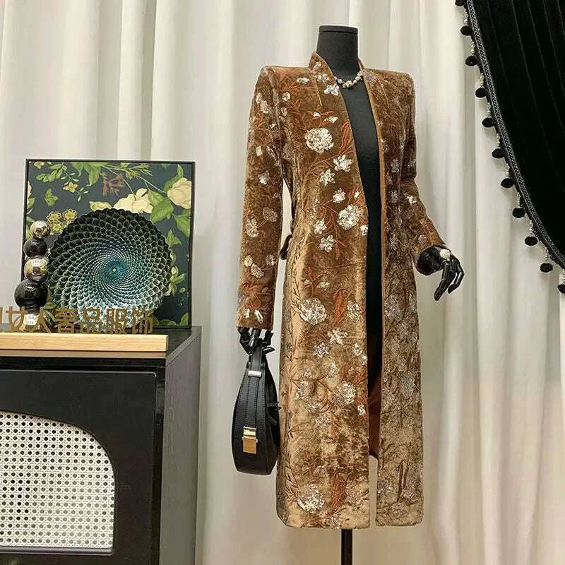 women-spring-autumn-new-heavyweight-sequined-embroidered-jacquard-coat-brown-velvet-stand-collar-slim-fit-trench-coat-topkimludkimlud-35560568