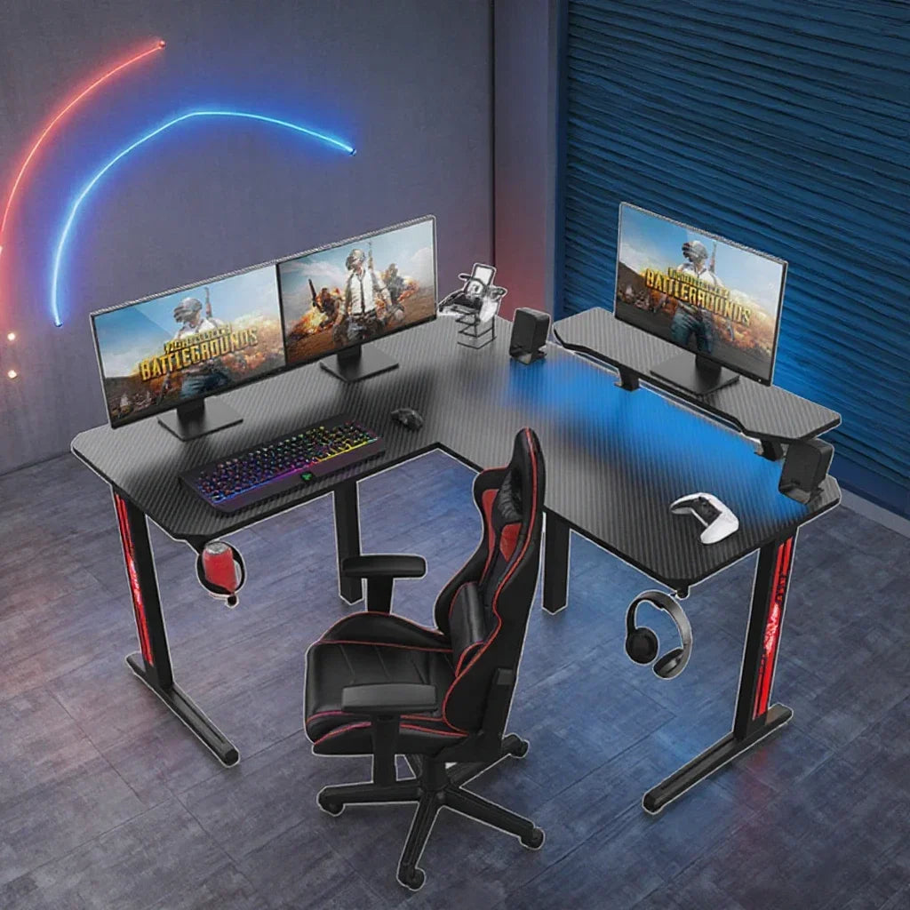 manufacturer L shaped gaming desk rgb modern large custom black gaming table pc desk with cup holder/headphone hook