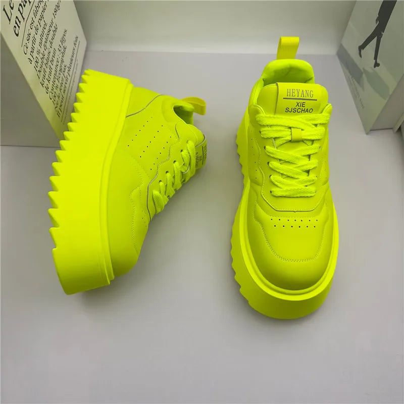 Men's Lace-Up Casual Shoes – Fluorescent Green Thick Sole | KIMLUD