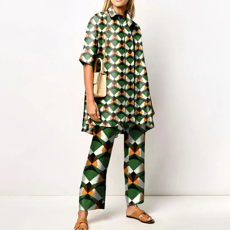 Two-Piece Set – Printed Autumn Vintage – Broadcloth – Wide-Leg Pants | KIMLUD