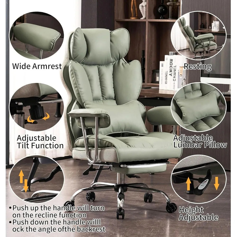 PU Leather Heavy-Duty Executive Office Chair With Footrest For Plus-Size — Sage Green | KIMLUD