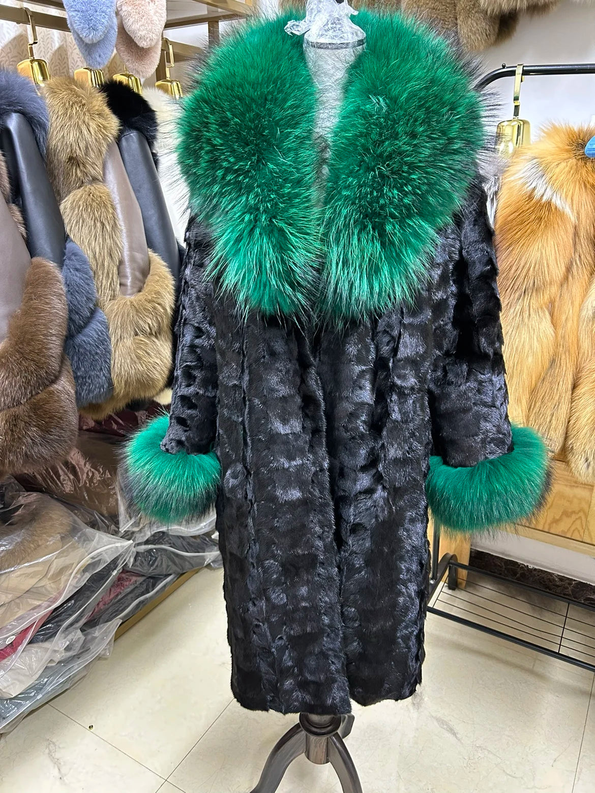 Mink Fur Coat – Real Fox Fur Trim Cuffs – Overcoat | KIMLUD