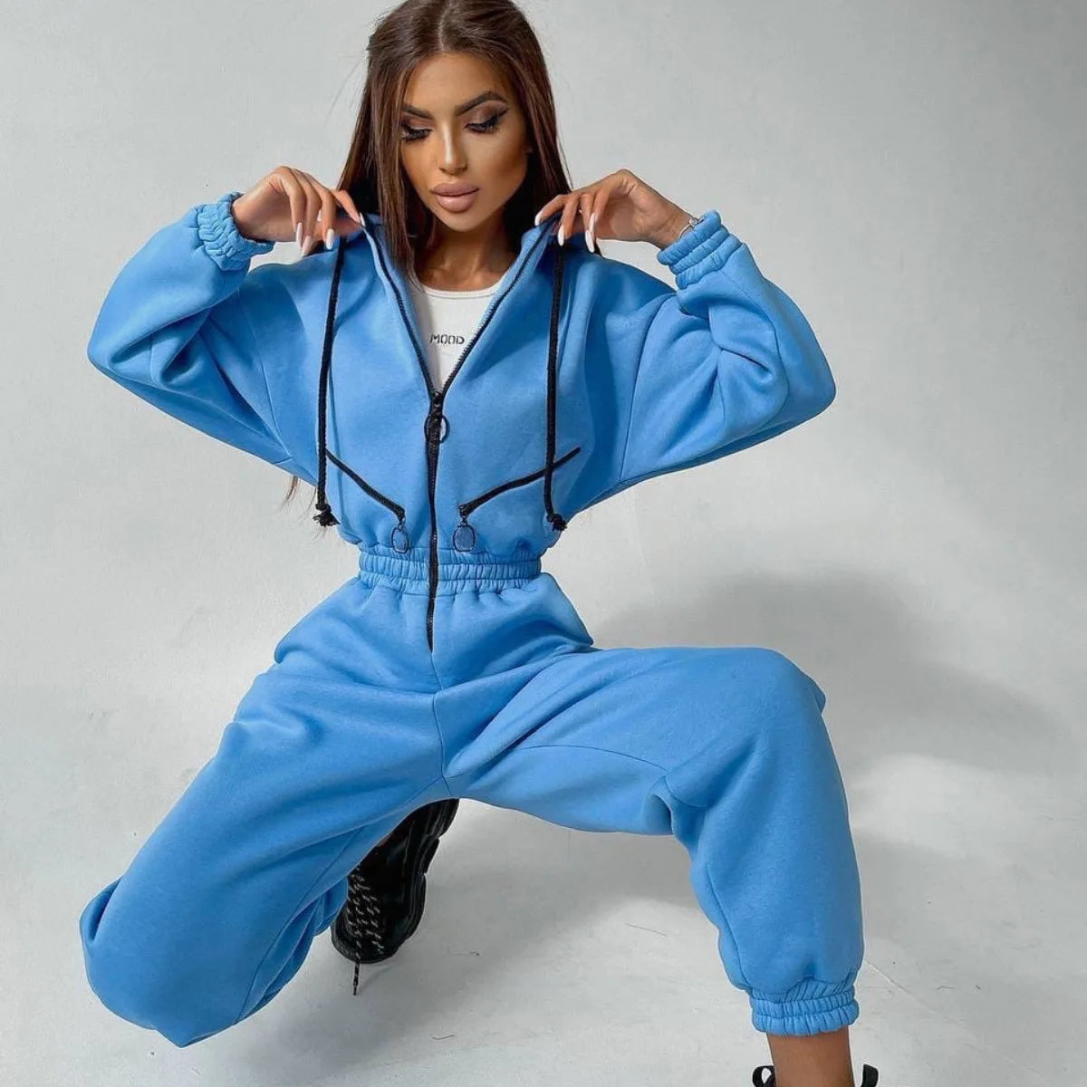 Hooded Jumpsuit – Sportswear – Polyester – Women's | KIMLUD