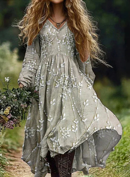 Boho Vintage Print Long Dresses For Women 2025 Casual V Neck Full Sleeve Splice High Waist Loose Dress Autumn Fashion Vestidos