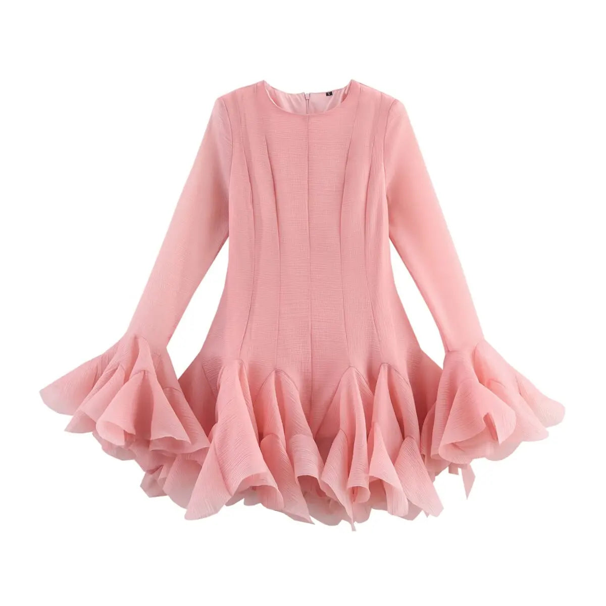 2026 Summer Women's Elegant Multi-Layered Ruffled Hem Mini Dresses Lady Sweet French Style Long Flare Sleeve Slim Fit Puffy Robe