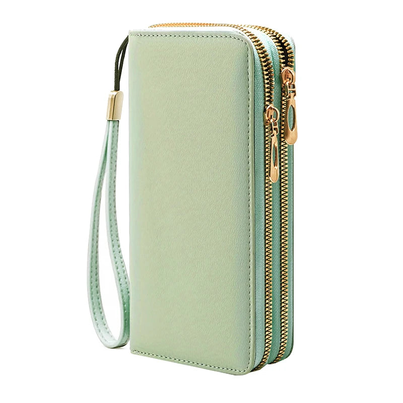 PU Leather RFID Anti-Theft Long Wallet Dual Zippers — Black | KIMLUD