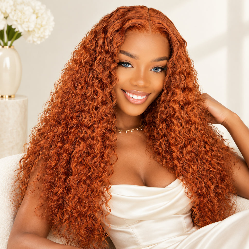 Lace Front Wig - Ginger Curly - Human Hair - Ginger | KIMLUD