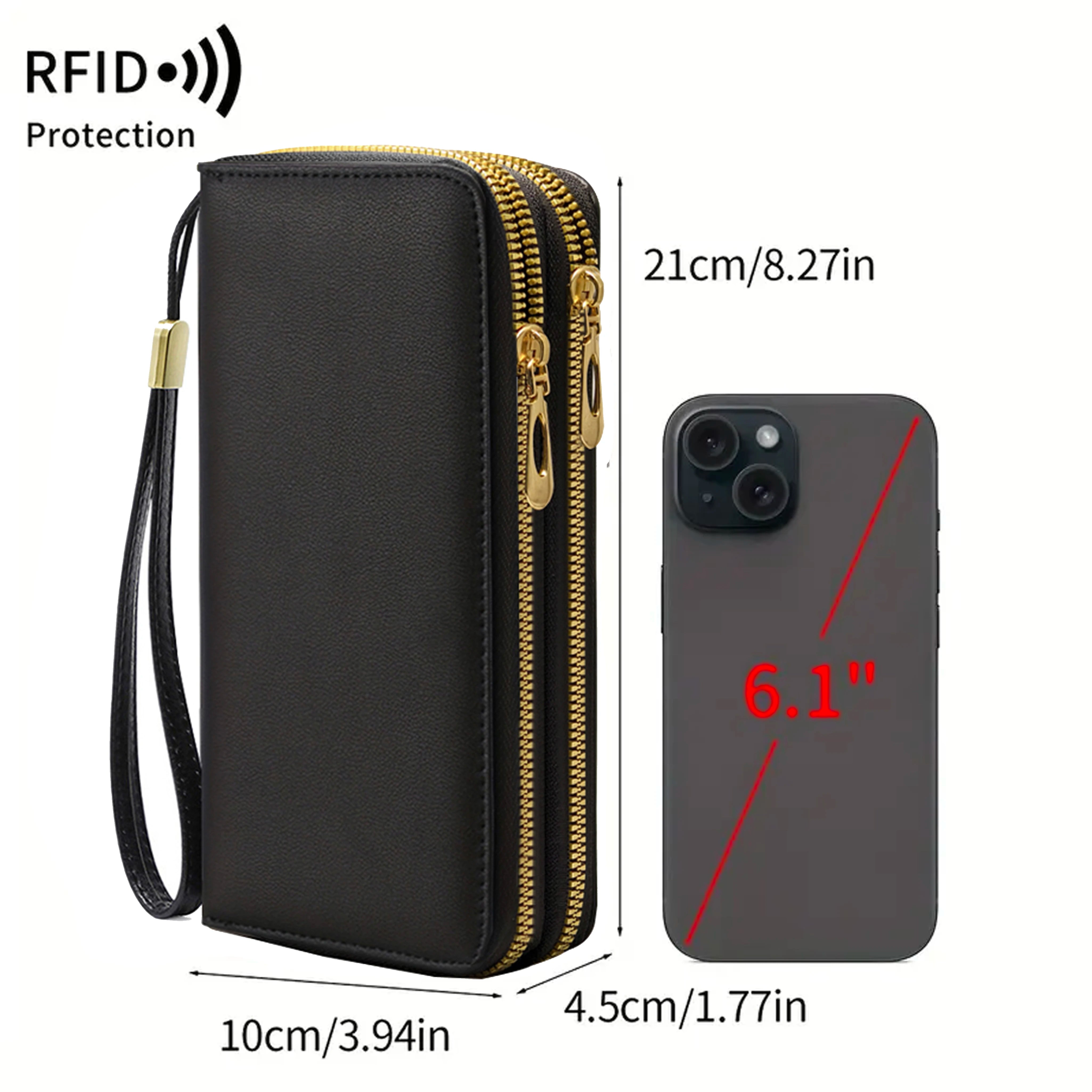 PU Leather RFID Anti-Theft Long Wallet Dual Zippers — Black | KIMLUD