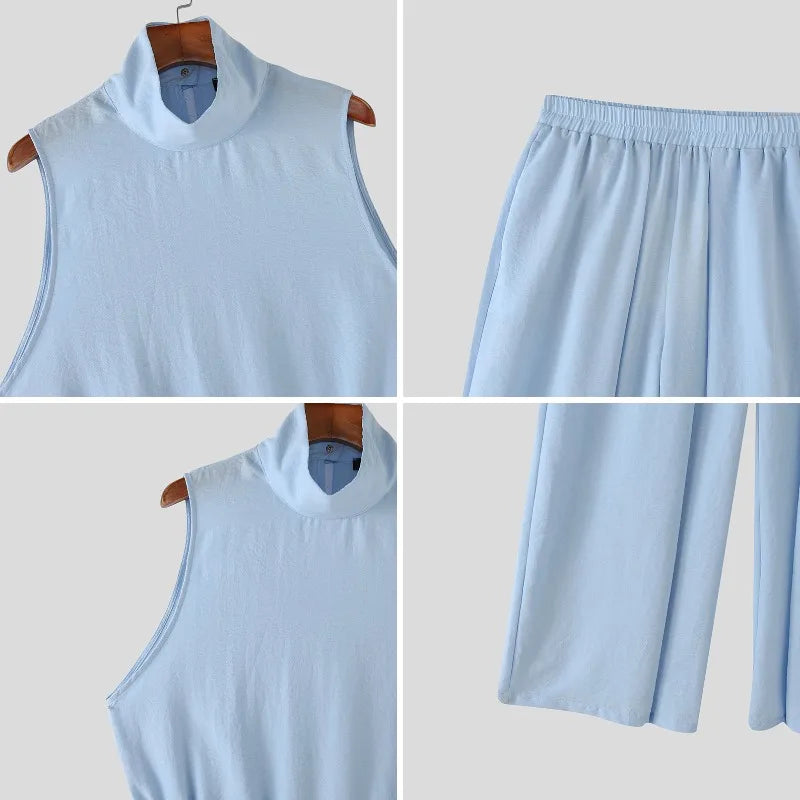 Sleek Polyester Solid Two-Piece Set — Blue | KIMLUD