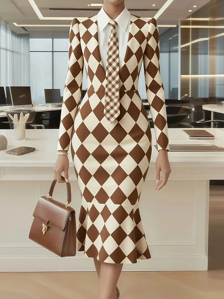 Turn-Down Collar Simple Mermaid Dress, Women Spring Autumn Long Sleeve Print Trumpet Dress, New Fashion Office Chic Ladies Dress