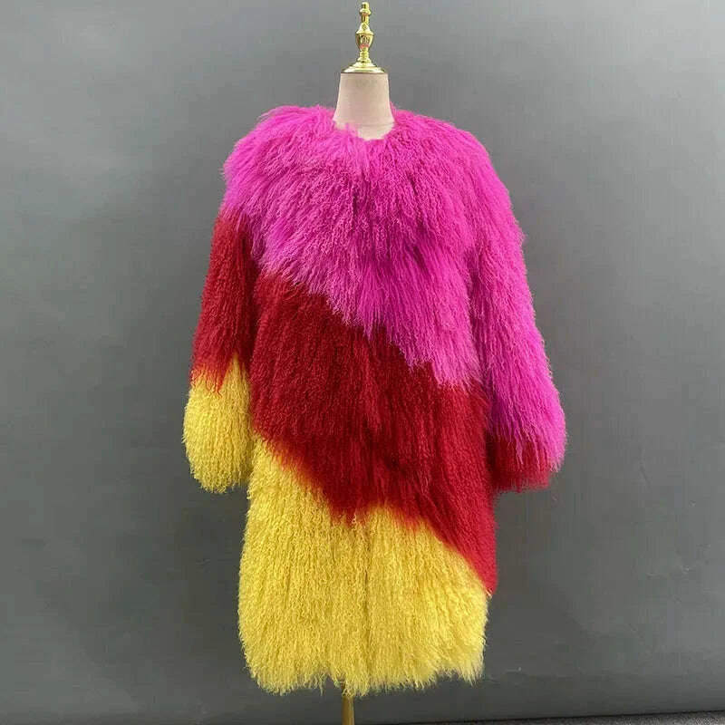 KIMLUD, Long Mongolian Real Fur Coat For Women Elegant Fluffy Solid Thicken Warm Long Sleeves Coats Winter Chic Long Style, KIMLUD Womens Clothes