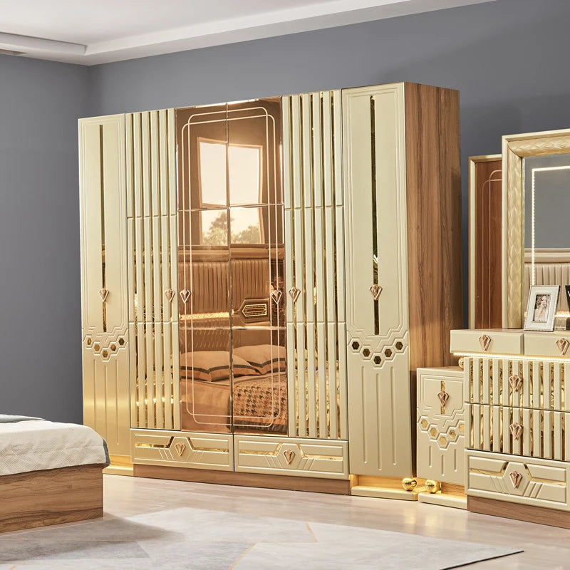 Design King Size Double Leather Bed Suite Master Room Full Set Luxury Wooden 5 Piece Home Furniture Bedroom Sets