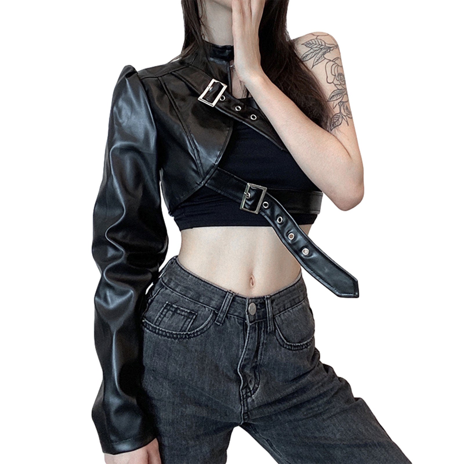 2000s Women's Clothing Gothic Punk Style Crop Tops, Cool Single Long Sleeve Neck Hanger Leather Belt Connected Tops