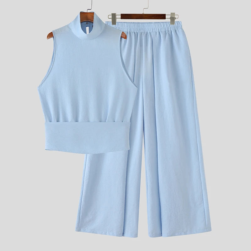 Sleek Polyester Solid Two-Piece Set — Blue | KIMLUD