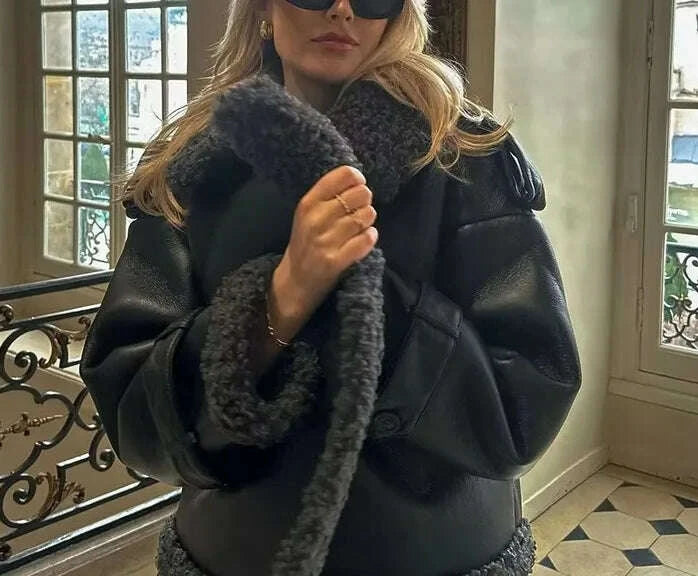 KIMLUD, Faux Fur Leather Long Jacket Women Lapel Long Sleeve Belt Thicken Female Coats Winter Fashion Street Patchwork Lady Outwear, KIMLUD Womens Clothes