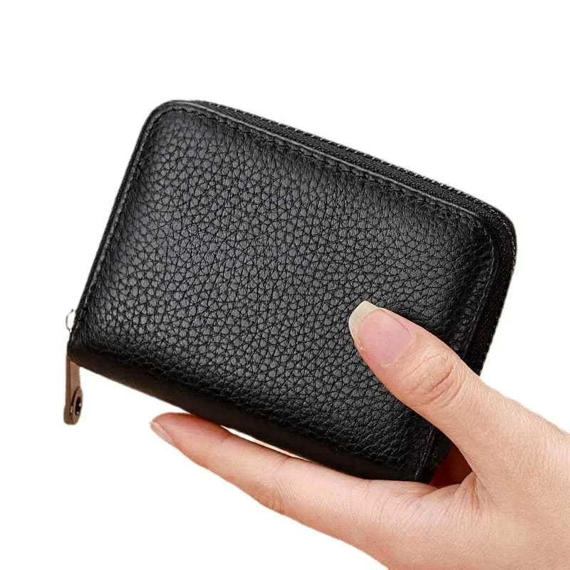 Vintage PU Leather Card Holder Wallet With Multi Slot Zipper — Black | KIMLUD
